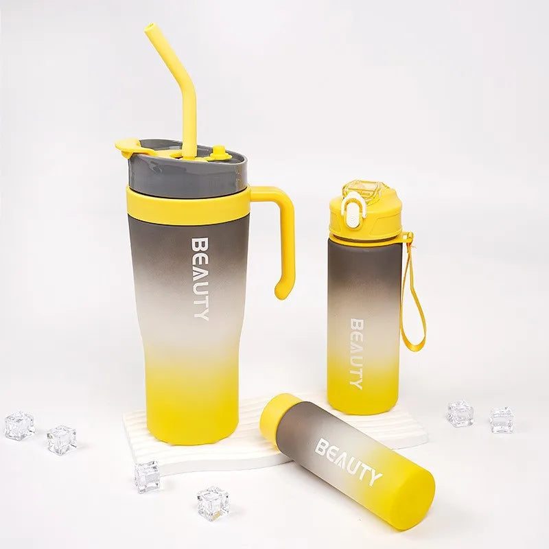 Set 3-in-1 Sports Gradient Water Bottle with Straw Large Capacity with Stylish Handle Drink Bottle water Cup Outdoor