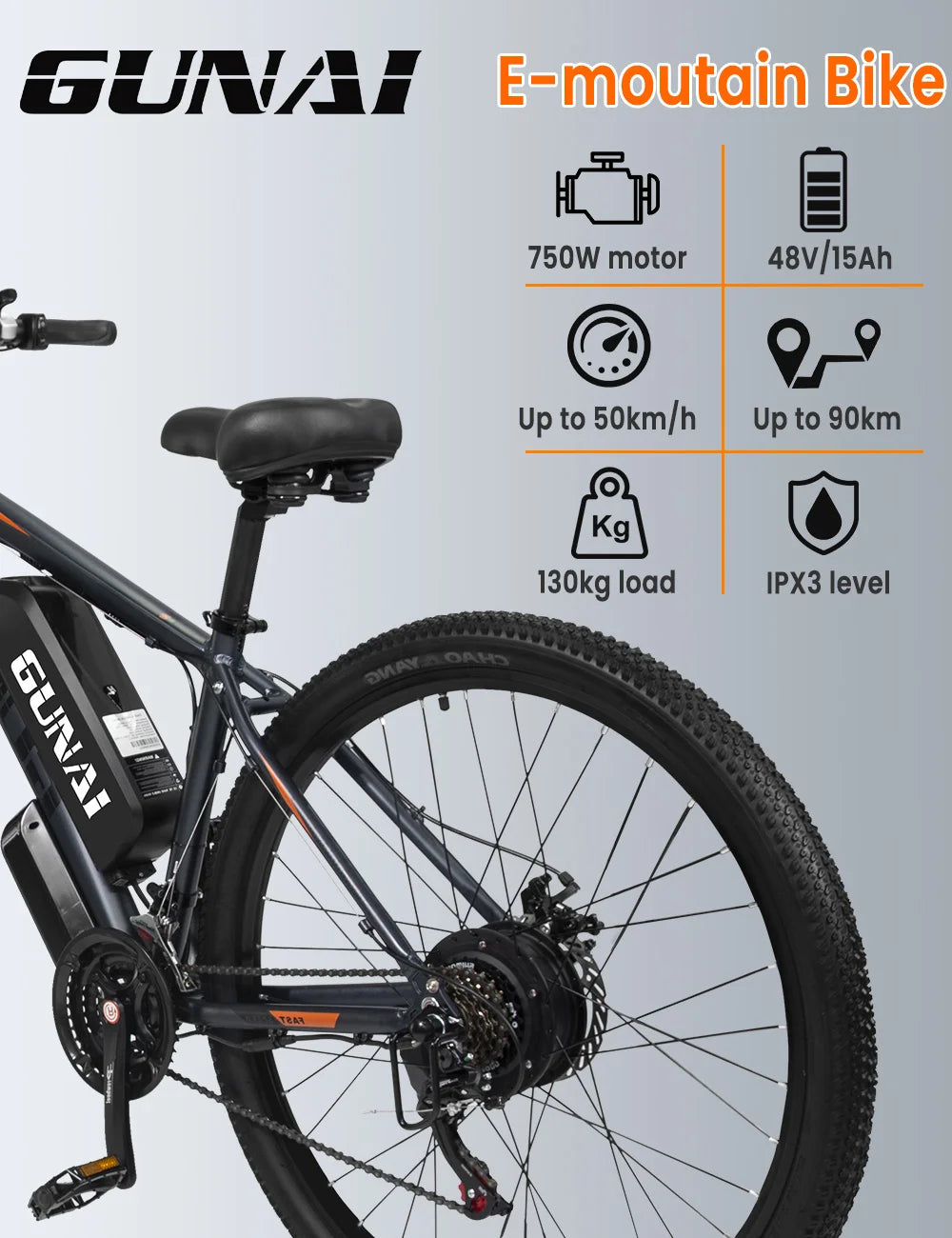 GUNAI GN29 Electric Bike 48V 750W Powerful Motor 29*2.1inch Tire Ebike for Adult 15Ah Battery 90km Max Range 50km/h Max Speed