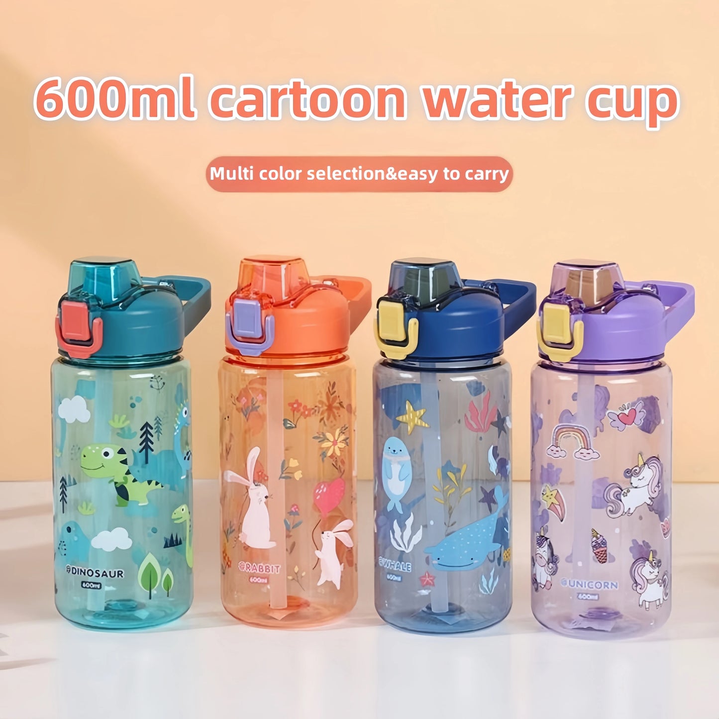 600 ml Kinder-Cartoon-Tier-Wasserflasche, tragbar, Sicherheitsverschluss, niedlicher Strohbecher, auslaufsicherer Trinkkrug für Outdoor-Camping-Reisen