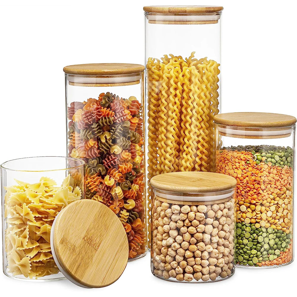 5pc 950ml 550ml Food Storage sealing jar Clear Glass Jar With Bamboo Lid Airtight Can Sealed Canister Food Storage Container