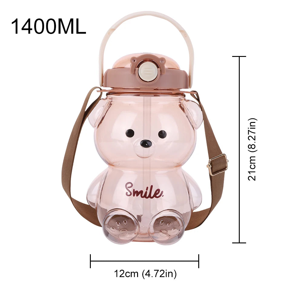 1000/1400ml Bear Water Bottle with Shoulder Strap Straw Sports Water Jug Leak-Proof Travel Straw Cup for Boys Girls Daily Use