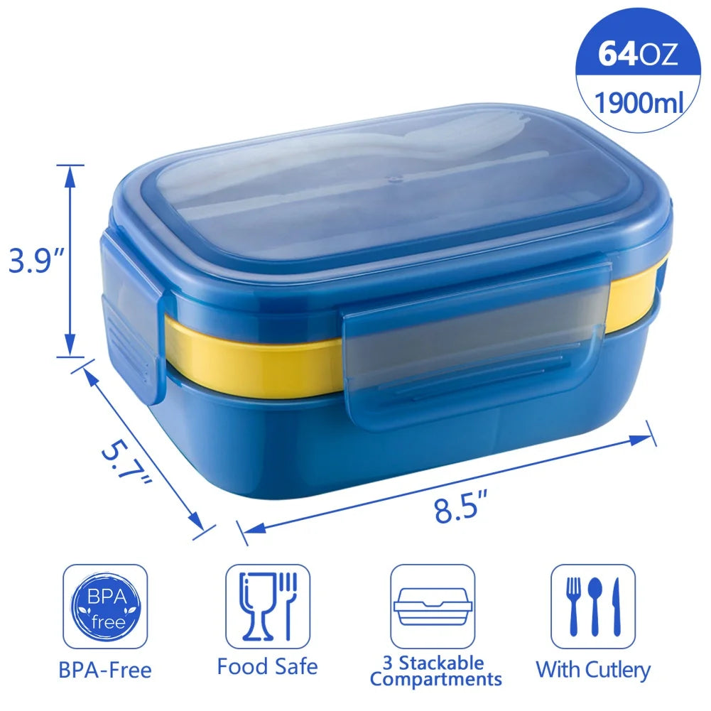 Stackable Bento Box Microwave Lunch Box 3 Layers All-in-One Lunch Containers with Cutlery Set Multiple Grid for Adults & Kids