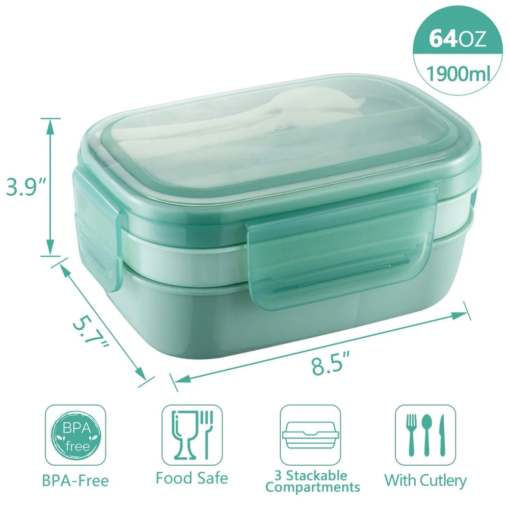 Stackable Bento Box Microwave Lunch Box 3 Layers All-in-One Lunch Containers with Cutlery Set Multiple Grid for Adults & Kids