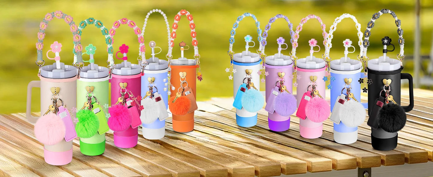 8pcs Cup Accessories for Stanley 30 40oz Tumbler with Handle Strap Chapstick Holder Boot Keychain Charms Straw Topper Cover Cap