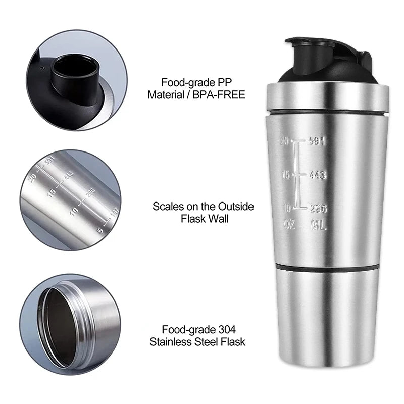 New Stainless Steel Cup Vacuum Mixer Outdoor Drink Kettle Detachable Double Layer Whey Protein Powder Sports Shaker Water Bottle