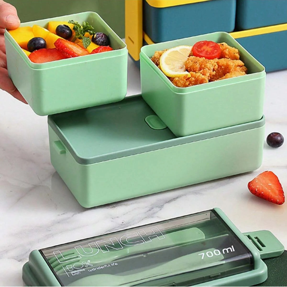 1Set Double Layer Portable Lunch Box For Kids With Fork and Spoon Microwave Bento Boxes Dinnerware Set Food Storage Container