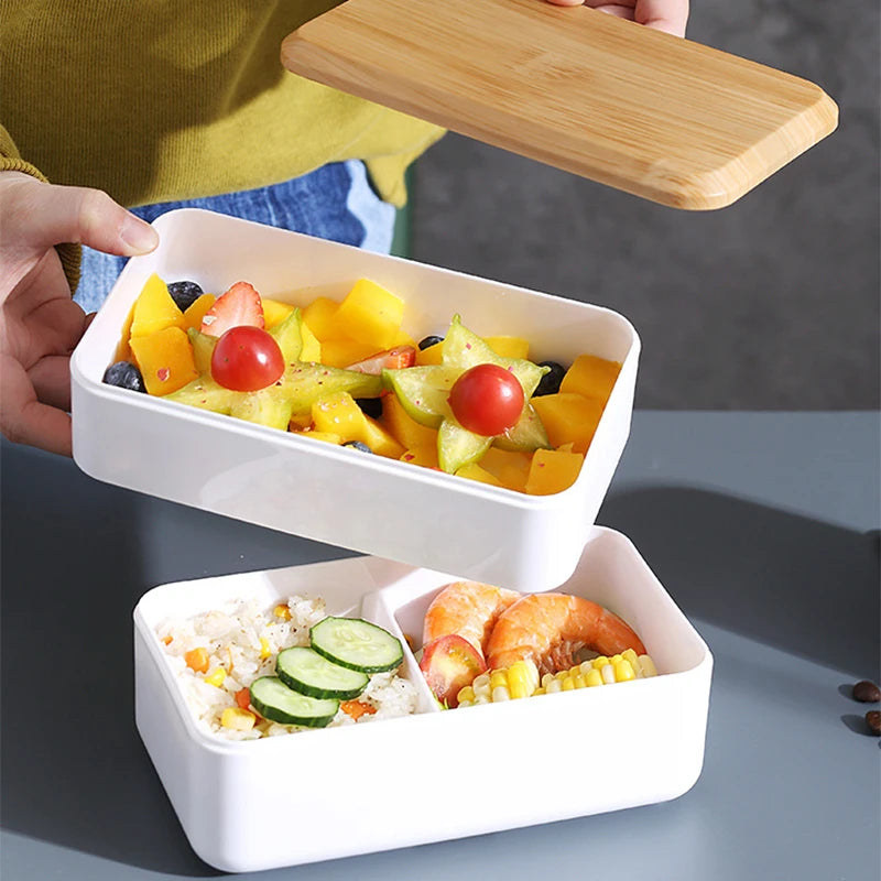 Wooden Grain Lunch Box Large Capacity Double Layer Sealed Leak Proof Microwave Oven Bento Box Food Storage Portable Tableware