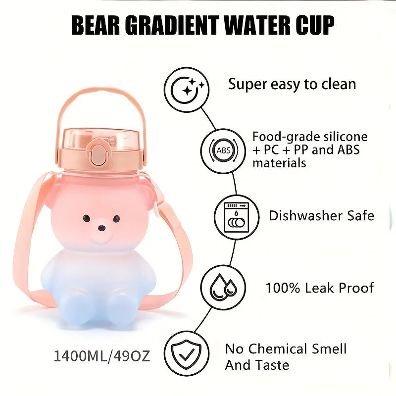 1pc Cute Bear Water Bottle BPA-Free Portable Kettle with Straw & Shoulder Strap Heat-Resistant Large-Capacity