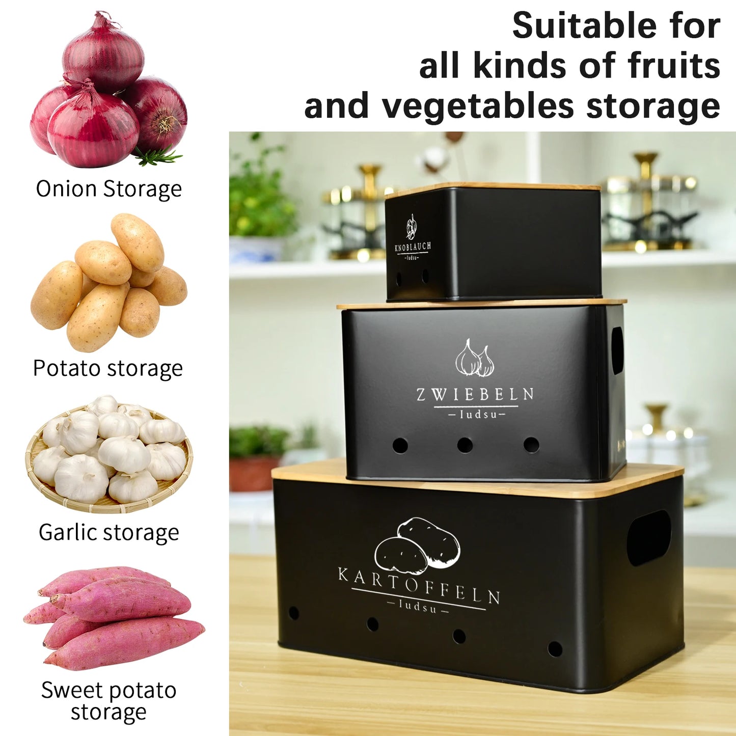 SIAZIH 3 Pcs Onion Garlic Potato Storage Box Multipurpose Vegetable Metal Container with Bamboo Lid and Ventilation Holes