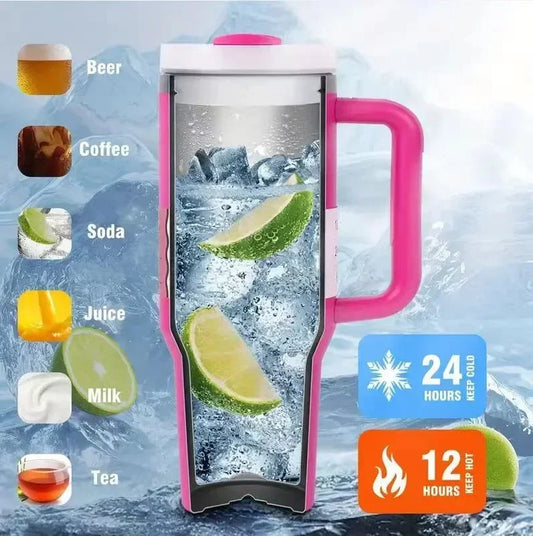 Tasse Isotherme Grande Capacité Acier Inox - Poignée Silicone, Couvercle Paille