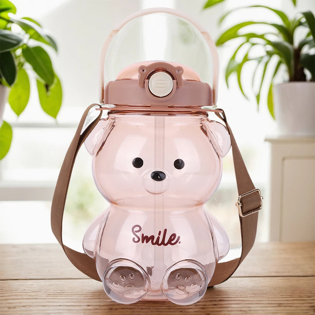 1000/1400ml Bear Water Bottle with Shoulder Strap Straw Sports Water Jug Leak-Proof Travel Straw Cup for Boys Girls Daily Use