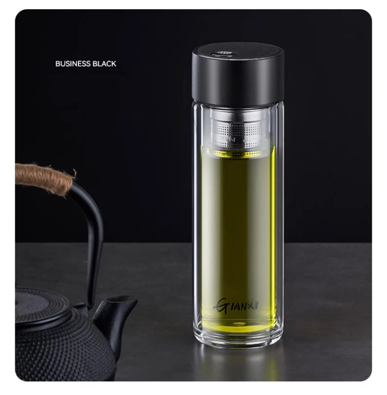 Glass Water Bottle With Tea Strainer and Magnetic Cup Lid Heat-Resistant Water Cup Portable Leak-Proof Office Household Tea Cup