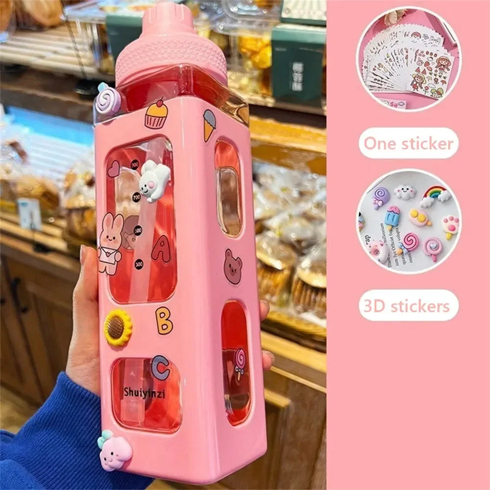 High Quality Water Bottle with Straw 3D Cute Bear Sticker Bpa Free Plastic Square Sippy Cup Portable Drinkware 700ml