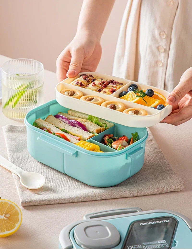 Tragbare Lunchbox mit Fach, Weizenstroh, Bento-Tragegriff, wiederverwendbare Geschirrbehälter, Mahlzeiten- und Snackbehälter