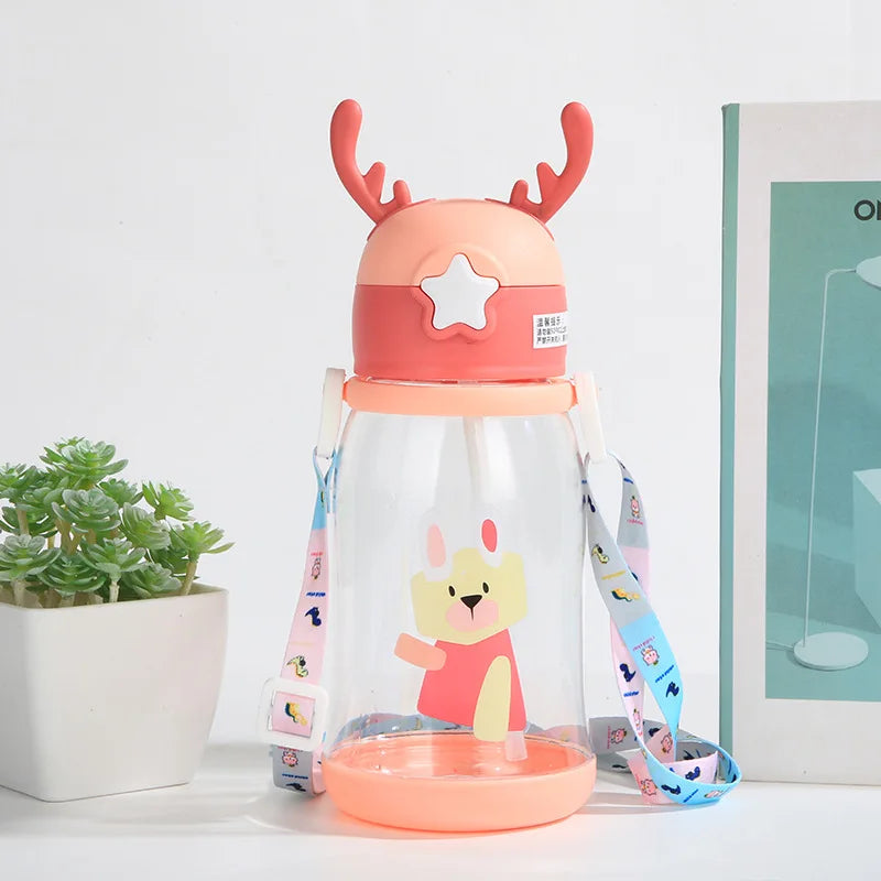 1pc 600ml Kids Water Sippy Cup Antler Creative Cartoon Baby Cups with Straws Leakproof Water Bottles Outdoor Childrens Cup - Gabriel