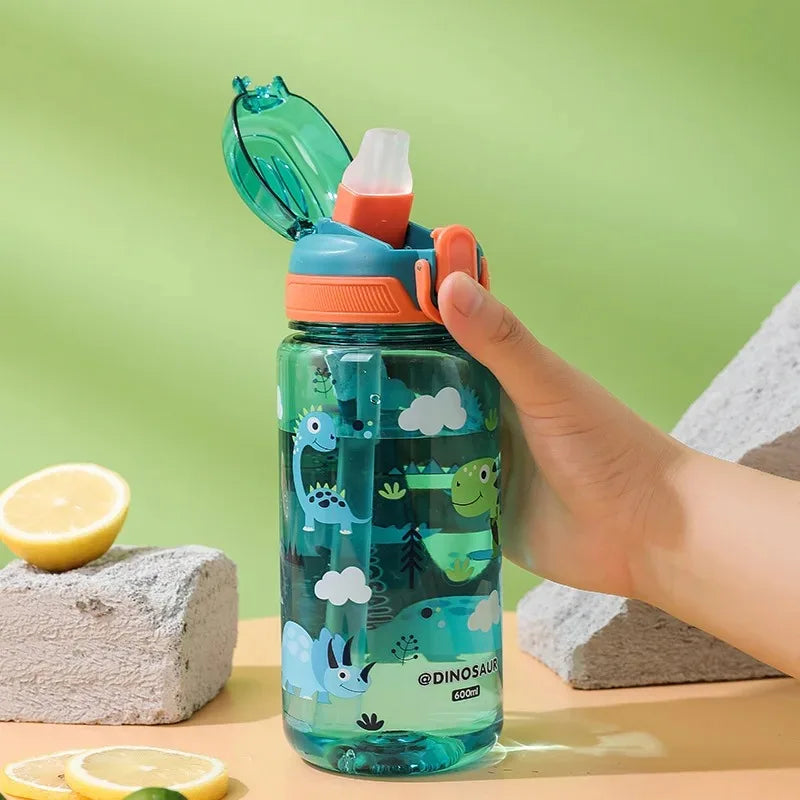 600ml Kids Cartoon Animal Water Bottle Portable Safety Lock Cute Straw Cup Leak-proof Drinking Jug For Outdoor Camping Travel