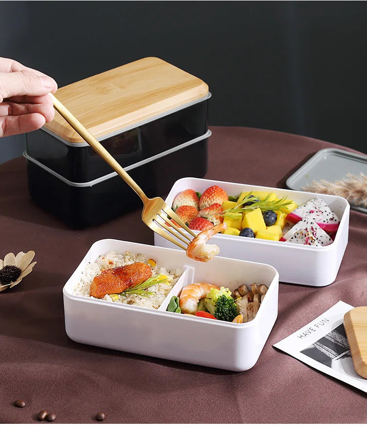 Wooden Grain Lunch Box Large Capacity Double Layer Sealed Leak Proof Microwave Oven Bento Box Food Storage Portable Tableware