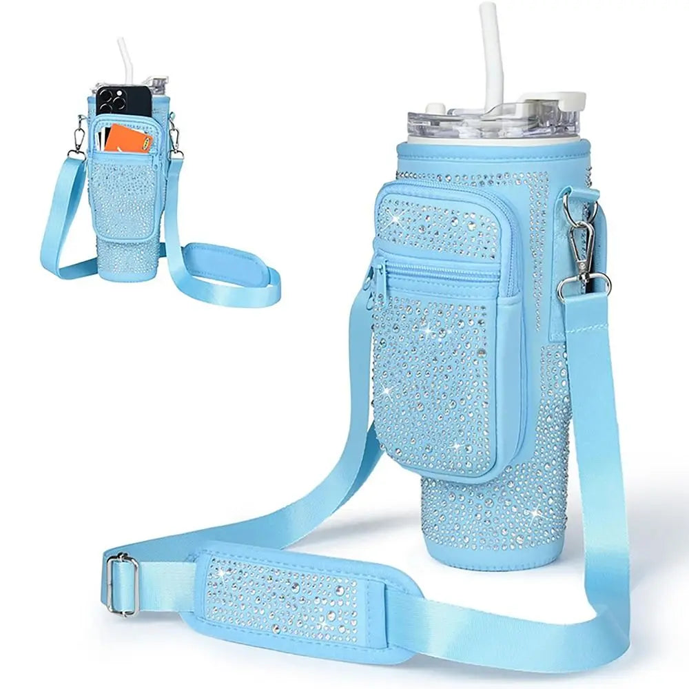 with Phone Pocket Water Bottle Holder Pouch Diamond Soft Adjustable Strap Water Cup Bags Handfree Bottle Carrier Bag