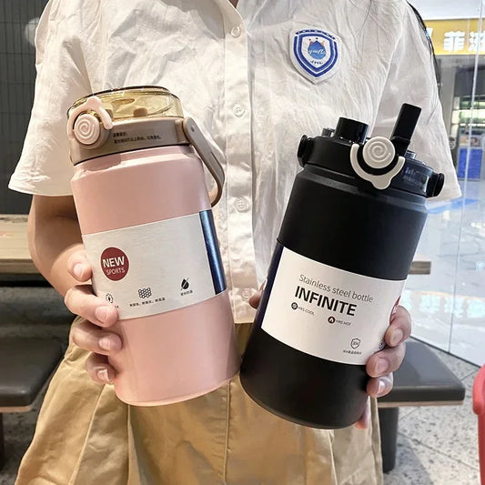 1L/1,2L Thermoflasche aus Edelstahl mit großer Kapazität und Strohhalm, Becher, Thermosbecher für kalte und heiße Getränke, Trinkgeschirr fürs Fitnessstudio