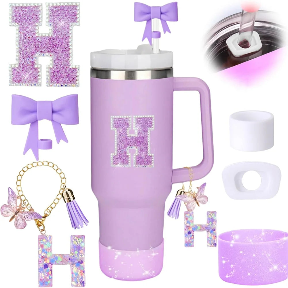 6pcs Accessories Set for Stanely 30oz 40oz Tumbler Including Glitter Initial Sticker 10mm Straw Topper Cover, Resin Letter Charm