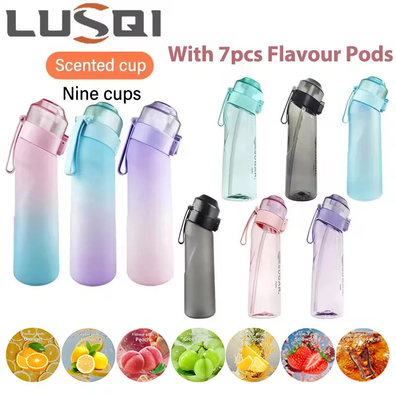 LUSQI Air Flavored Water Bottle With 7 Flavor Ring Sports Fashion Straw Tritan Plastic Cup Suitable for Outdoor Sports Fitness