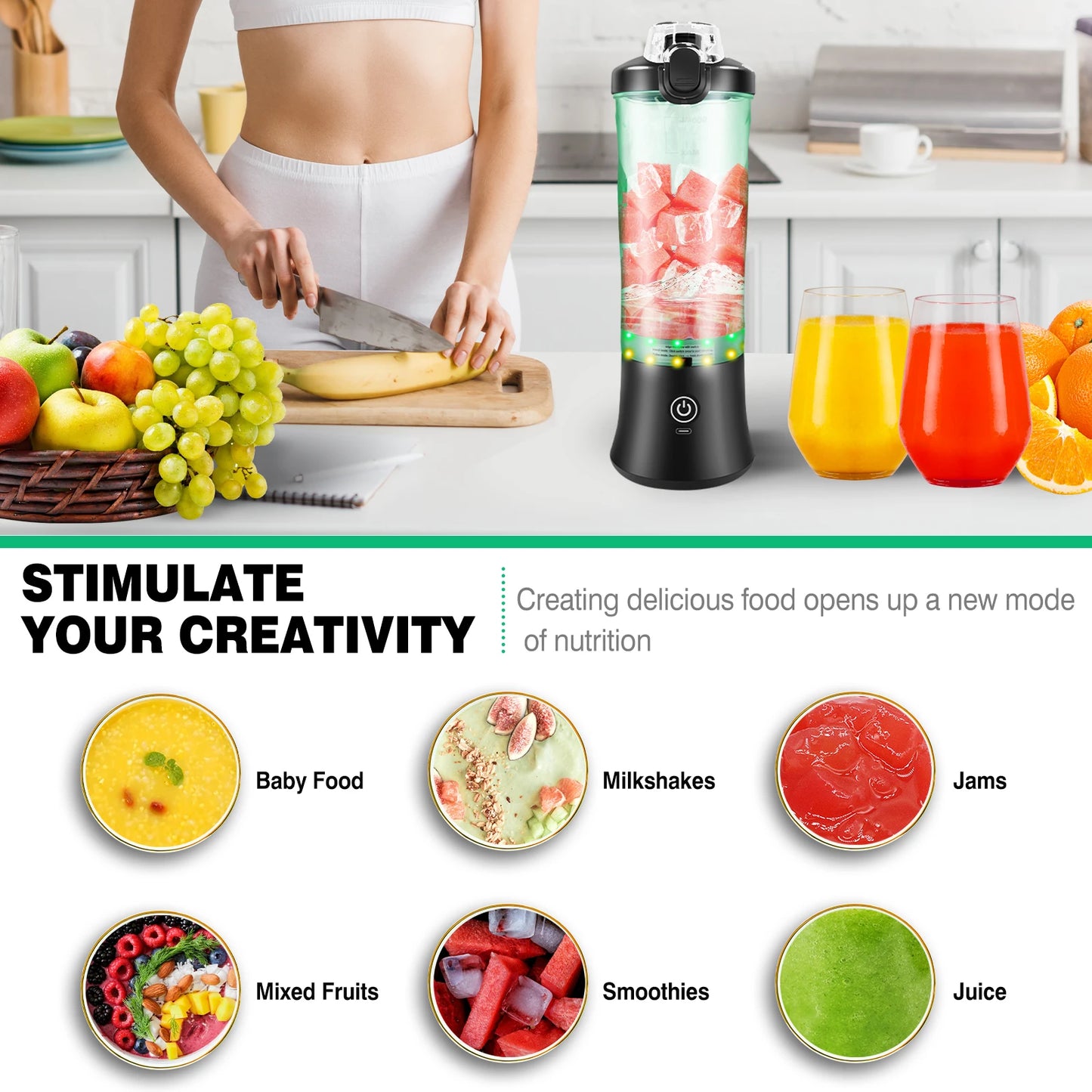 Tragbarer Mini-Mixer, 600 ml, per USB wiederaufladbarer kleiner Smoothie-Mixer, Reisemixer mit großer Kapazität, tragbarer Smoothie-Mix, mixt Eis