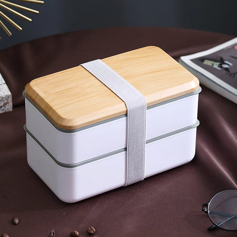 Wooden Grain Lunch Box Large Capacity Double Layer Sealed Leak Proof Microwave Oven Bento Box Food Storage Portable Tableware