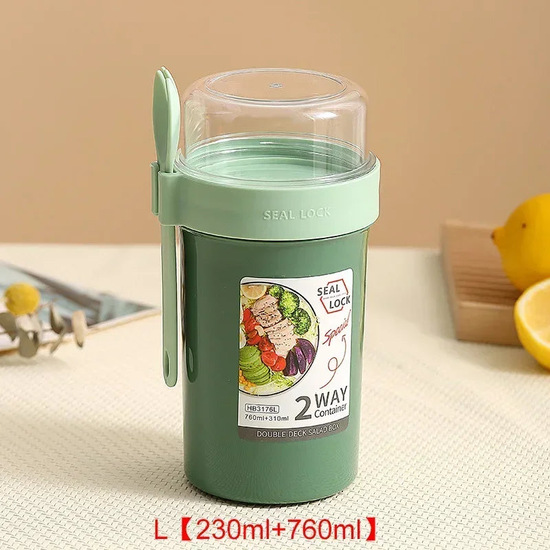 790ml/990ml Salad Oatmeal Cup Breakfast Double Cup Cereal Nut Yogurt Container Set With Dressing Holder Fork Meal Preparation