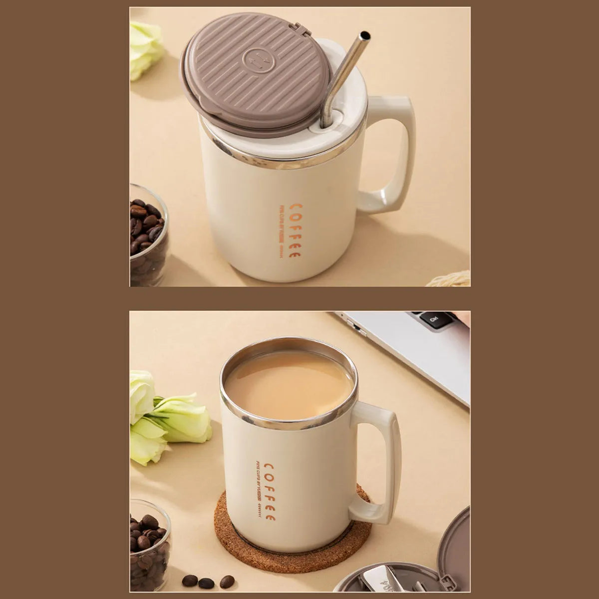 WORTHBUY 480ML Coffee Cups With Straw&Spoon 304 Stainless Steel Reusable Portable Leak-proof Coffee Milk Mug Drinking Cup