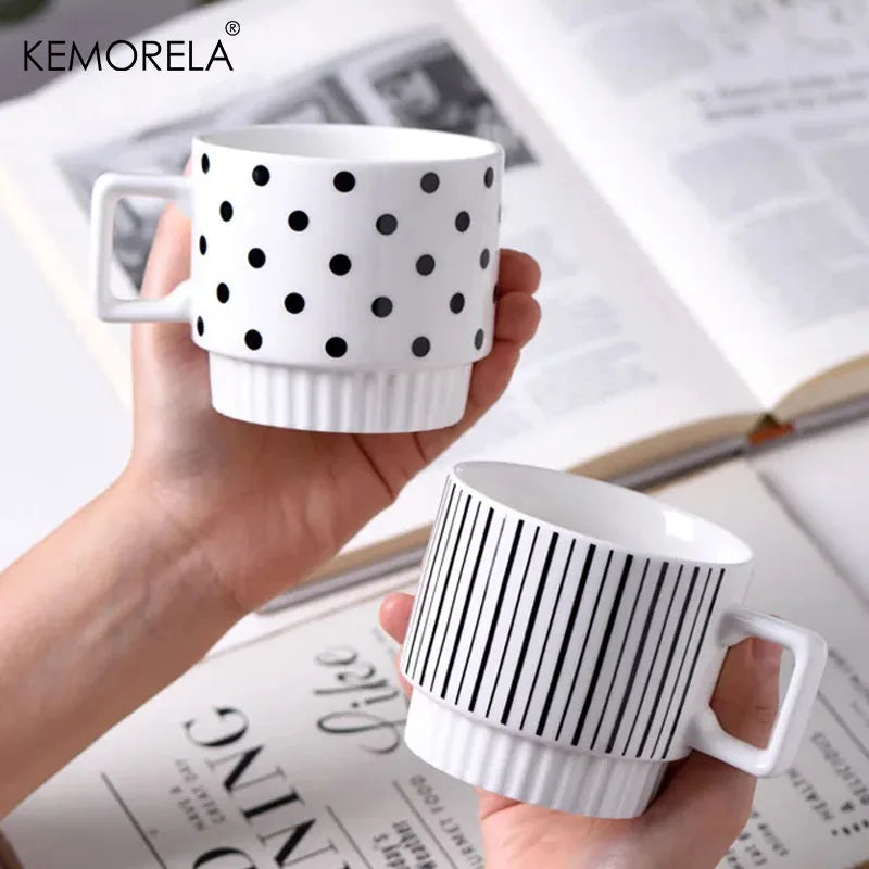 1PCS Nordic Simple Style Black And White Ceramic Mug Creative Polka Dot Striped Coffee Tea Cup Stackable Office Water Cup - Gabriel