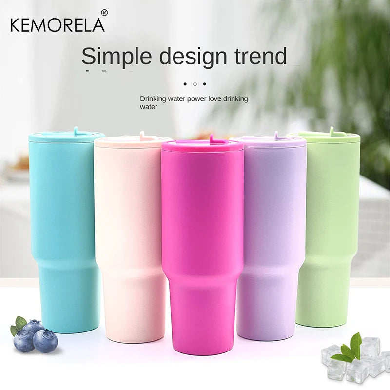 KEMORELA Thermos Cup 40oz Double-Layer Tumbler Ice Cup 1200ML Leak-Proof Foldable Straw Cover Direct Drinking Mouth Car Cup