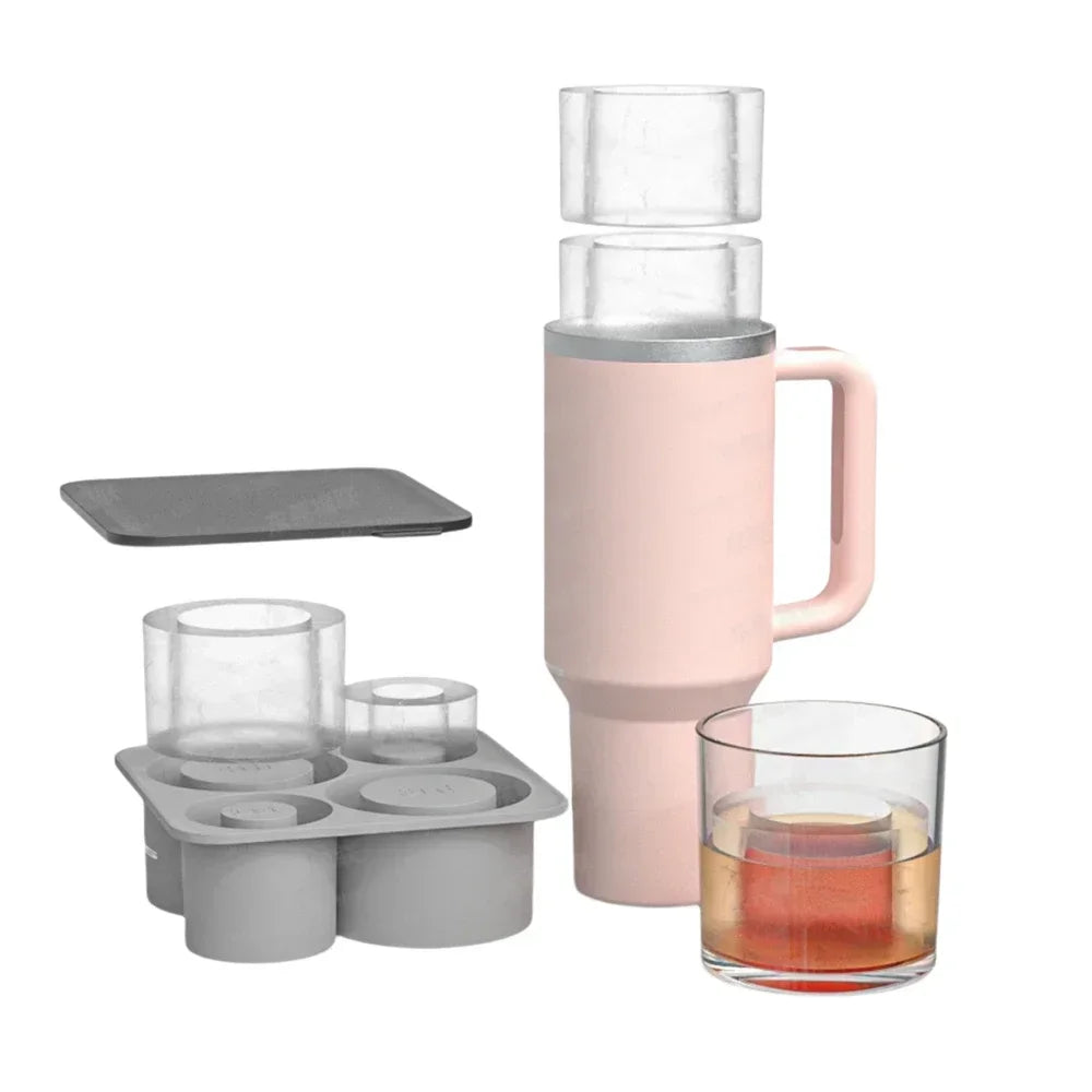 Tumbler Ice Tray for 20oz 30oz 40oz Stanley Accessories 4Pcs Silicone Cylinder BPA-Free Ice Mold with Bin and Lid for Freeze