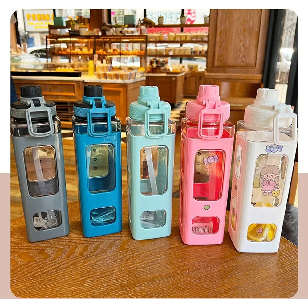 High Quality Water Bottle with Straw 3D Cute Bear Sticker Bpa Free Plastic Square Sippy Cup Portable Drinkware 700ml