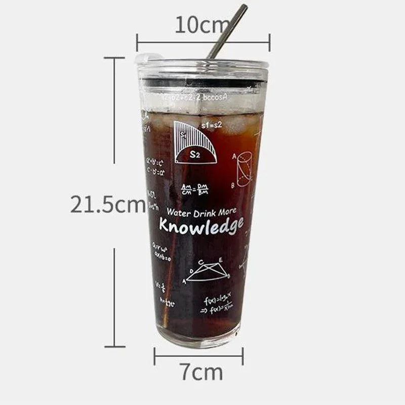 1000ml Large Capacity Mathematical Pattern Clear Glass Cup Utensils Cup With Lid And Stainless Steel Straw Milk Juice Coffee Mug