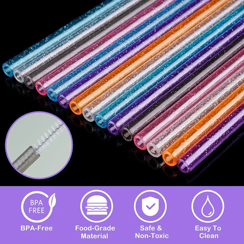 12-pack 6 Colors Glitter Straw For Stanley 30/40 oz Tumblers Plastic Reusable Straws 11.8" Long with 2 Cleaning Brush - Gabriel