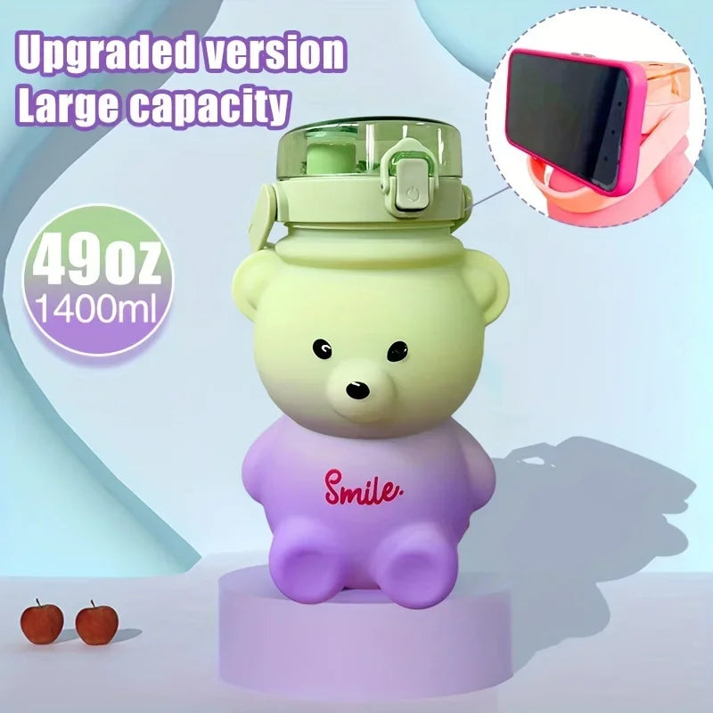 1pc Cute Bear Water Bottle BPA-Free Portable Kettle with Straw & Shoulder Strap Heat-Resistant Large-Capacity