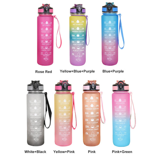 1L Gradient Color Motivational Sports Water Bottle with Time Marker Leak-proof Drinking Water Bottle Outdoor Sports Travel Kettl