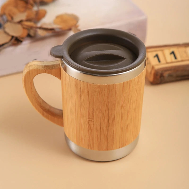 Insulated Bamboo Travel Mug for w/ Handle Leak-Proof Flip Lid Coffee Cup Stainless Steel Thermos 12oz/300ml for Home Off - Gabriel