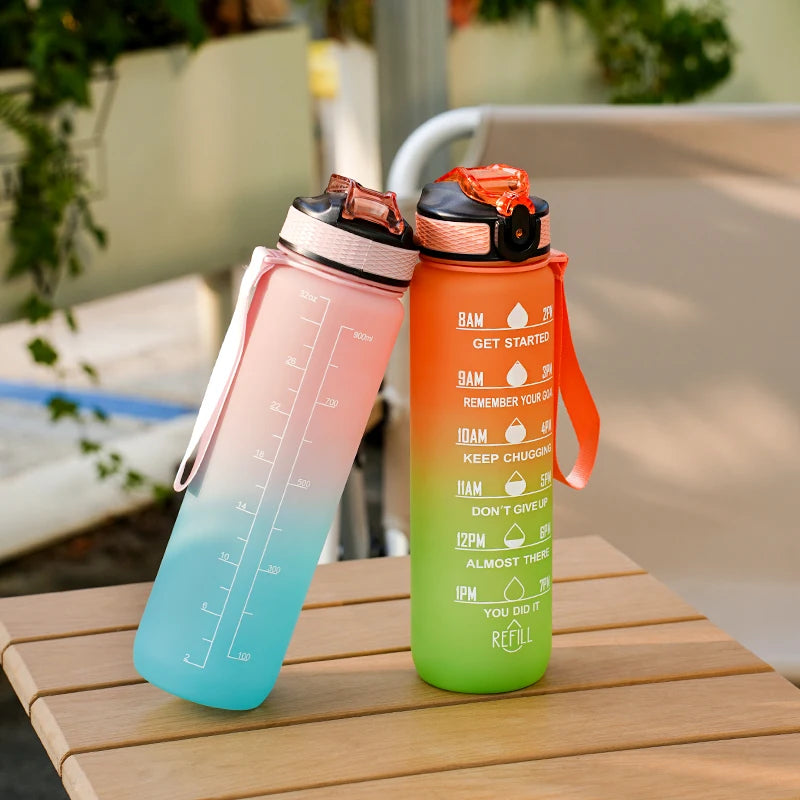 1L Water bottle 12 colors Leak Proof with Time Mark Drink and Straw Motivational Drinking Sports Water Bottle for Outdoor Hiking