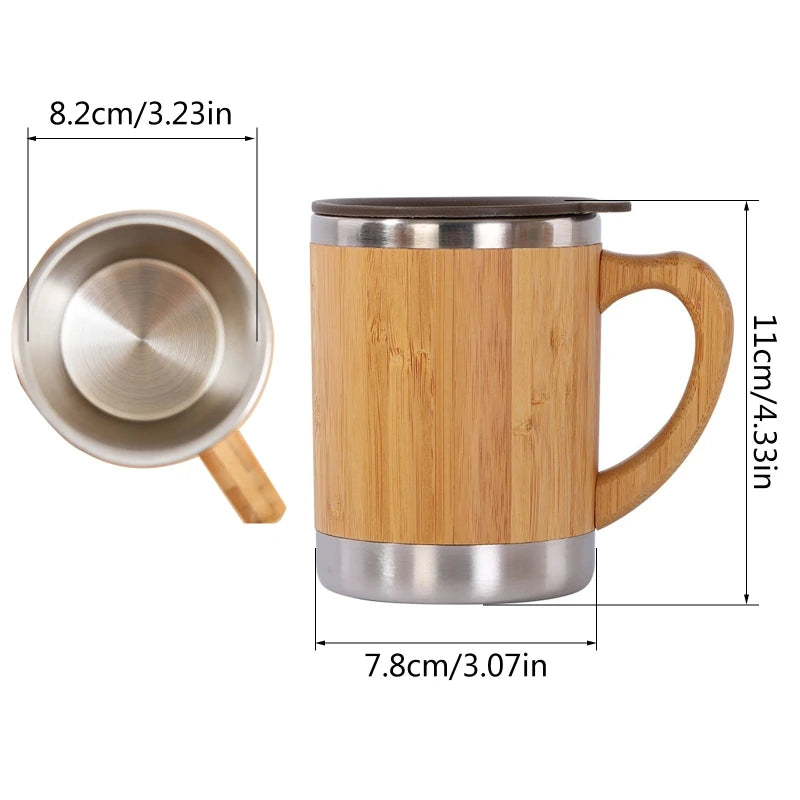 Insulated Bamboo Travel Mug for w/ Handle Leak-Proof Flip Lid Coffee Cup Stainless Steel Thermos 12oz/300ml for Home Off - Gabriel