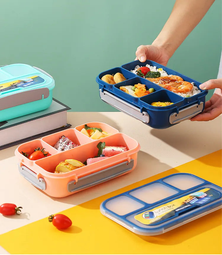 Portable Sealed Lunch Box 2 Layer Mesh Kids Leak Proof Bento Snack Box with Cutlery Microwave Safe Food Storage Container