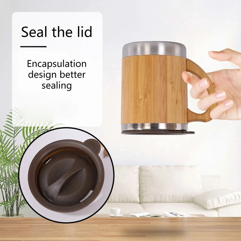 Insulated Bamboo Travel Mug for w/ Handle Leak-Proof Flip Lid Coffee Cup Stainless Steel Thermos 12oz/300ml for Home Off - Gabriel