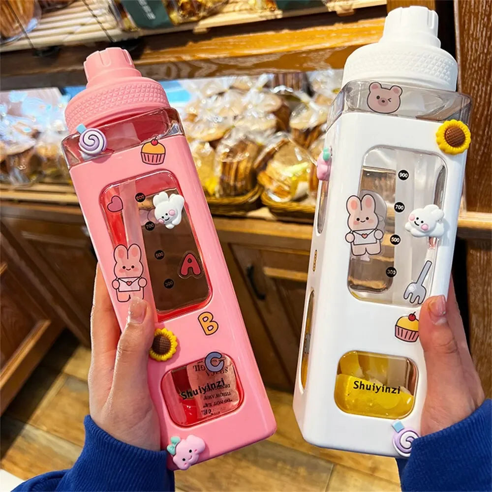 High Quality Water Bottle with Straw 3D Cute Bear Sticker Bpa Free Plastic Square Sippy Cup Portable Drinkware 700ml