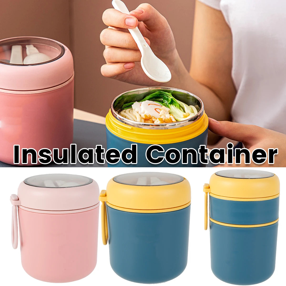 Vacuum Insulated Food Container Stainless Steel Thermal Wide Mouth Food Jar Portable Lunch Thermoses Foldable Spoon Lunchbox