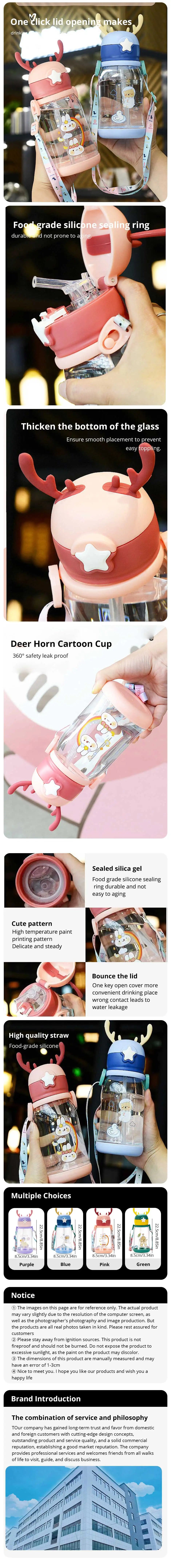 1pc 600ml Kids Water Sippy Cup Antler Creative Cartoon Baby Cups with Straws Leakproof Water Bottles Outdoor Childrens Cup - Gabriel