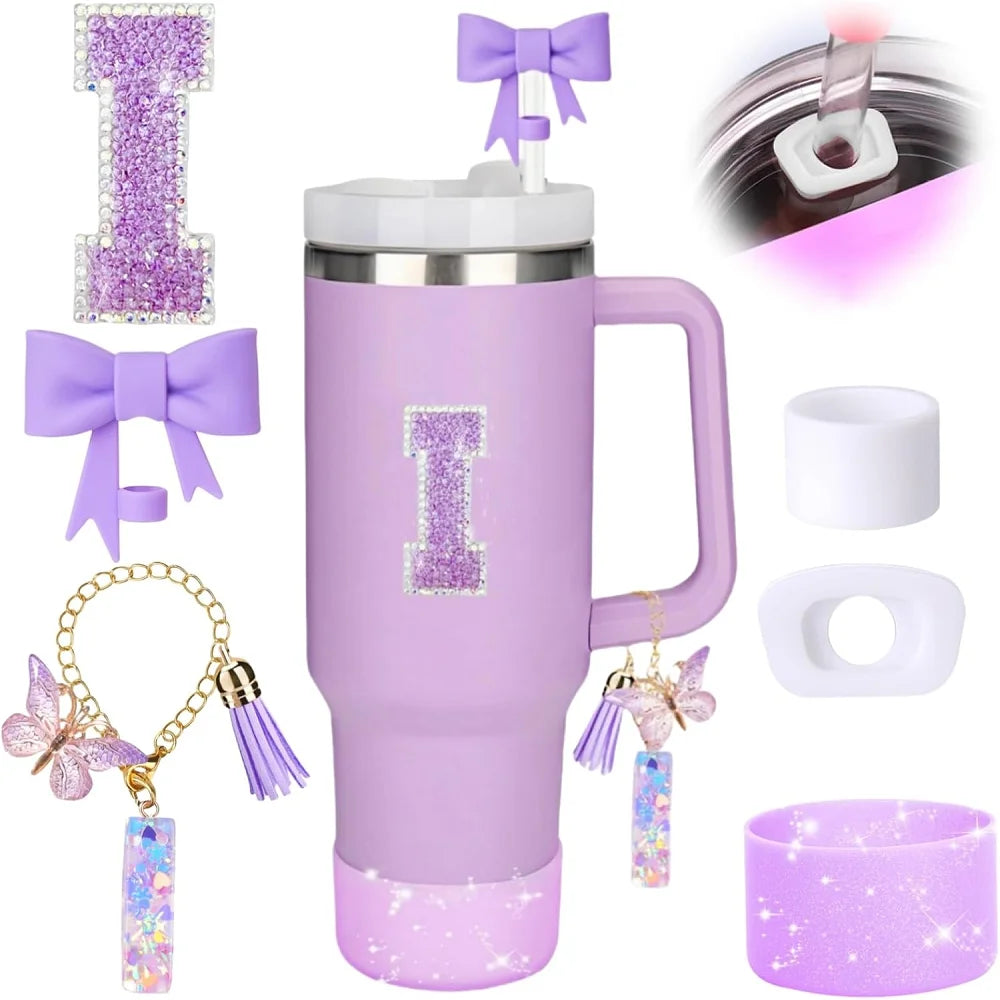 6pcs Accessories Set for Stanely 30oz 40oz Tumbler Including Glitter Initial Sticker 10mm Straw Topper Cover, Resin Letter Charm