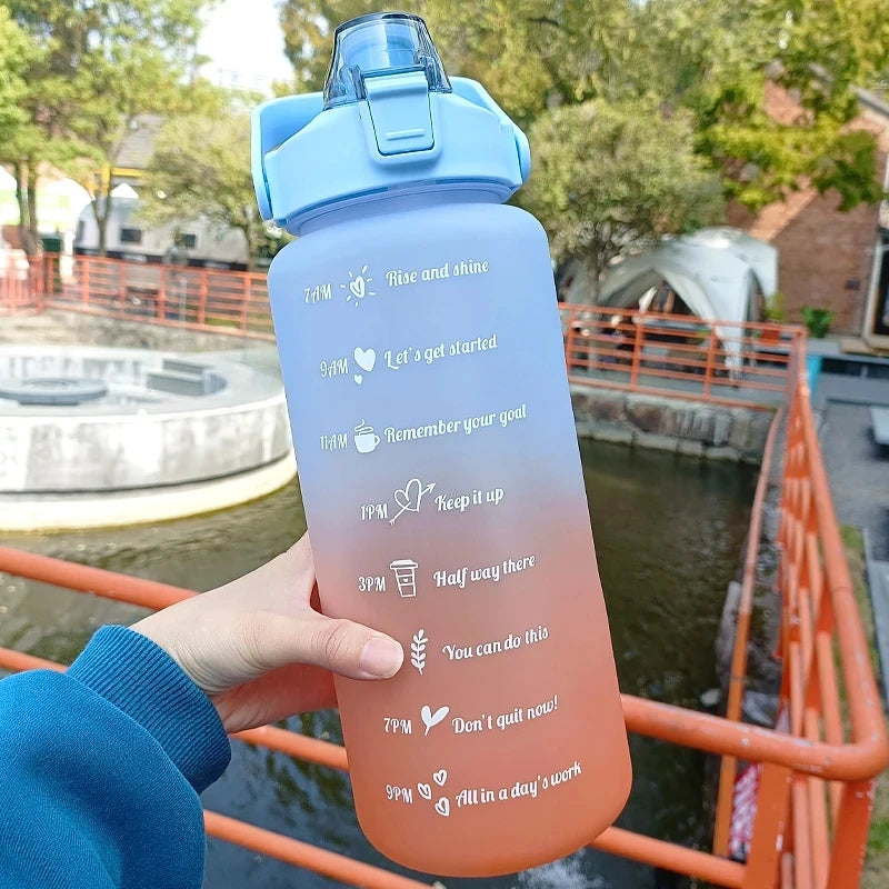 2L Outdoor Large Capacity Sport Water Bottle Creative Plastic Cup Bounce Cover Outdoor Leakproof Straw Cup with Time Marker