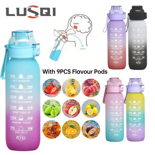 LUSQI 1 STÜCK 1000 ML Geschmackswasserflasche mit Strohhalm und 9 STÜCK Geschmackskapseln, modische Fitness-Wasserflasche für Outdoor-Aktivitäten und Sport