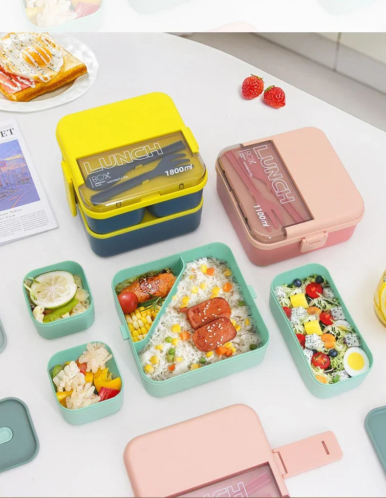 1100 ml/1800 ml Lunchbox mit 2 Fächern für Kinder mit Gabel und Löffel, mikrowellengeeignete Bento-Boxen, tragbarer Vorratsbehälter für Lebensmittel