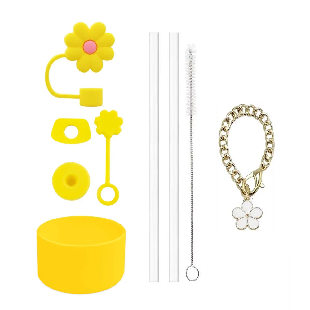 Cup Accessories for Stanley Set of 9, 2 Straw and Brush and 1 Flower Charm Chain 3 Spill Proof Stopper Flowers Straw Cover Boot